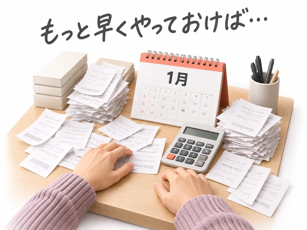 1月、書類の山を前に「もっと早くやっておけば…」と後悔する集計作業